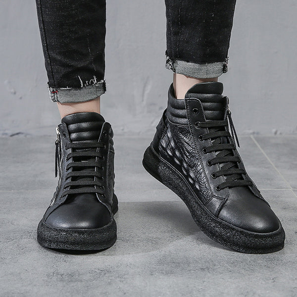 High-top Leather Solid Color Side Zipper Sneakers