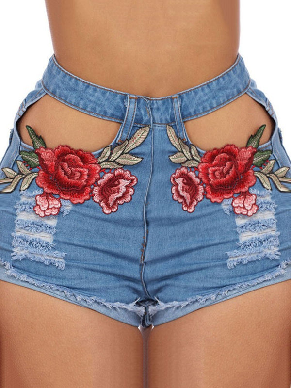 Embroidered Floral Stitching Curled Denim Shorts