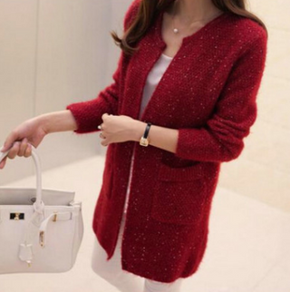 Buy red Fuzzy Sparkle Round Neck Cardigan