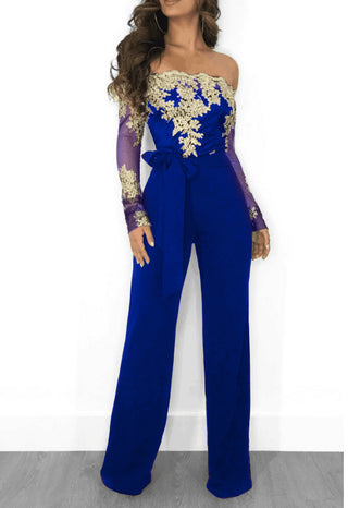 Buy blue-gold Lace-neck wide-leg jumpsuit