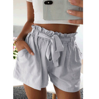 Buy gray Ruffled Waist Belted Cotton Blended Shorts