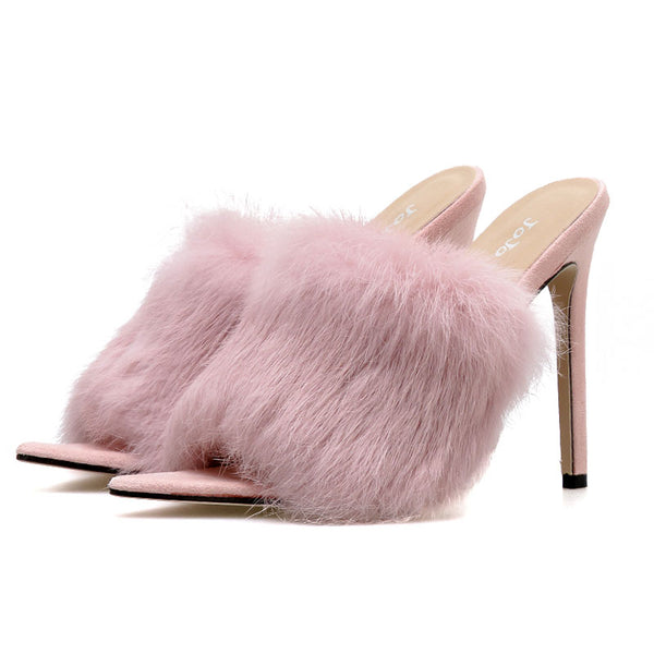 Women Fur Strapped PU High Heels