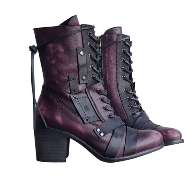 Thick High Heel Lace-up Leather Strapped Boots