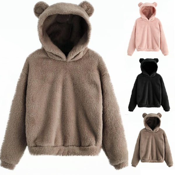 Women Soft Fur Plain Hoodie