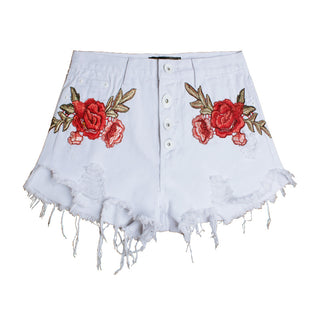 Buy white Floral Embroidered Ripped Frayed Denim Button-up Jean Shorts