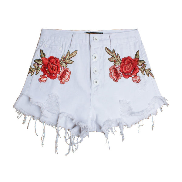 Floral Embroidered Ripped Frayed Denim Button-up Jean Shorts