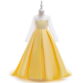 Buy yellow Mesh Long Sleeve Trailing Girls&#39; Dress