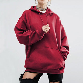 Buy red Loose Solid-Colored Drawstring Hoodie