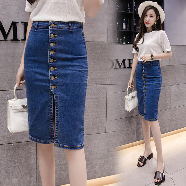 Single-breasted Mid-length Denim Skirt