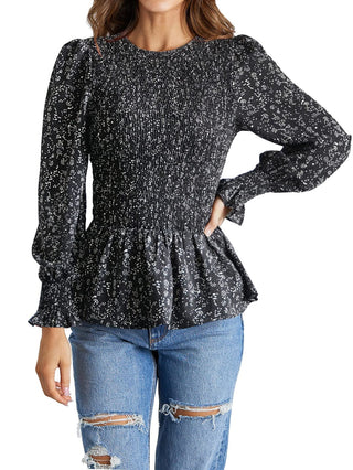 Buy black-broken-flower Long Sleeve Tunic Printed Shirt Top