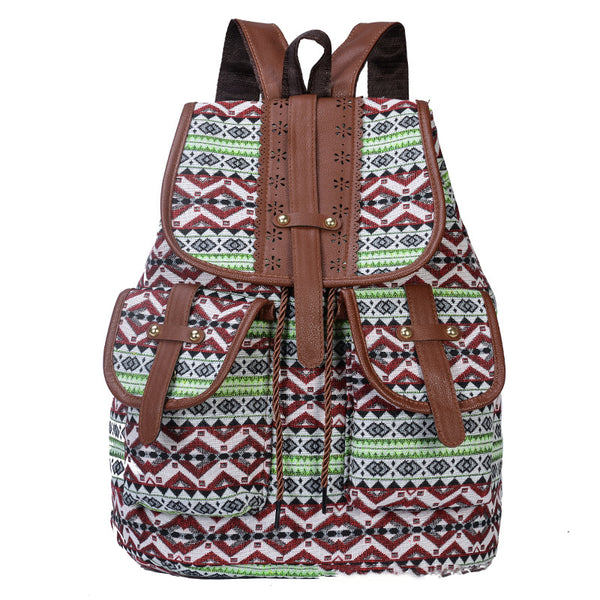 Ethnic Patterned Multi-Pocket Backpack