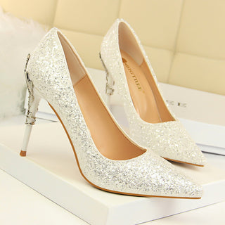 Buy white Pointed Sequined High Textured Heels