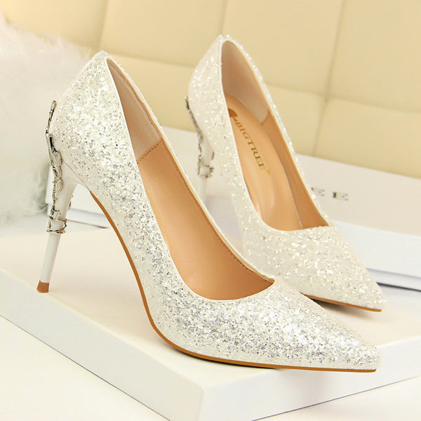 Pointed Sequined High Textured Heels