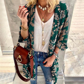 Buy green Floral Printed Loose Polyester Thin Cardigan