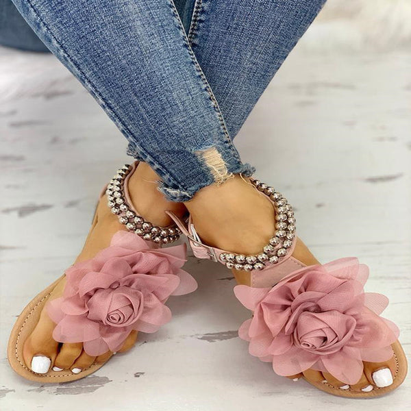 Women Flat Floral Metal Strap Flat Sandals