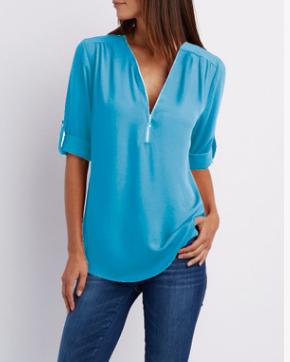 Buy sky-blue Women&#39;s Long Sleeve Loose V-neck Shirt