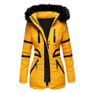 Buy yellow Women Contrasting Color Fur Collar Coat