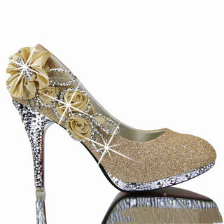 Buy gold Crystal Textured Floral Sparkly High Heels