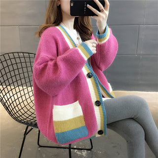 Buy pink Striped Edge Thick Cotton Cardigan Sweater