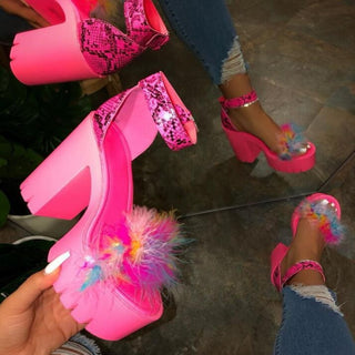 Buy pink Women Thick-heeled Fuzzy Sandals