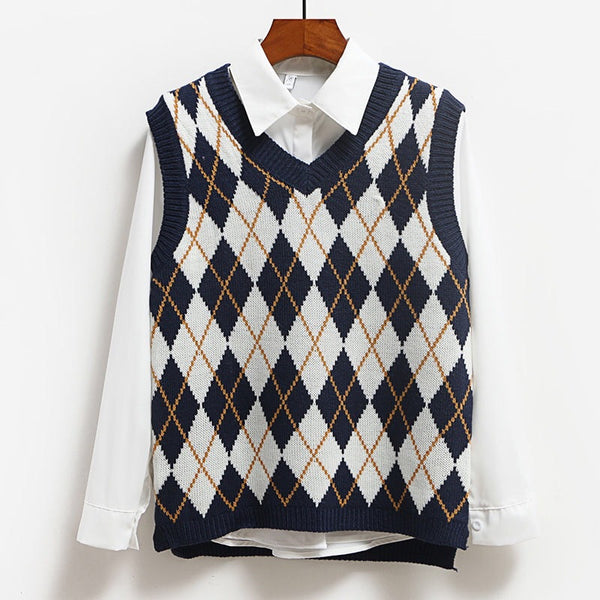 Women College Style Knitted Sweater Vest