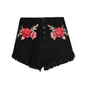 Floral Embroidered Ripped Frayed Denim Button-up Jean Shorts