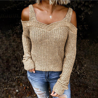 Buy khaki Sling Off Shoulder Knit Long Sleeve Sweater