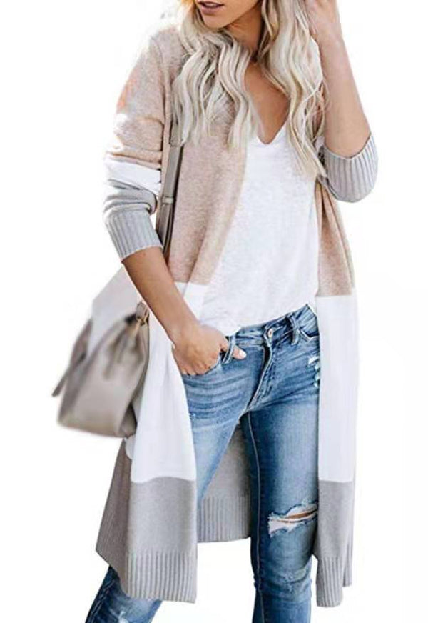 Casual Long Sleeve Tricolor Panel Cardigan