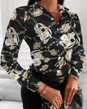 Loose Long Sleeve V Neck Button Print Shirt