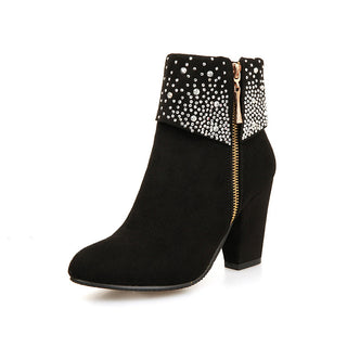 Buy black Women Rhinestone Nubuck Short Heel Shoes