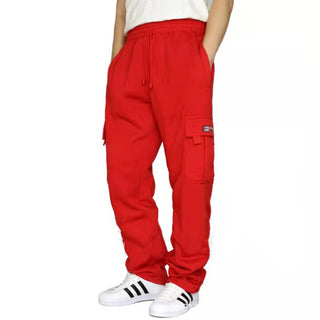 Buy red Men Sweatpants Stretch Elastic Waist Jogger Sports Pants Drawstring Trousers