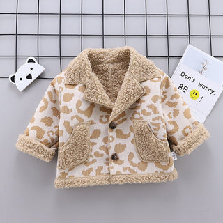 Buy khaki Patterned  Warm V-Neck Cotton Fur Coat