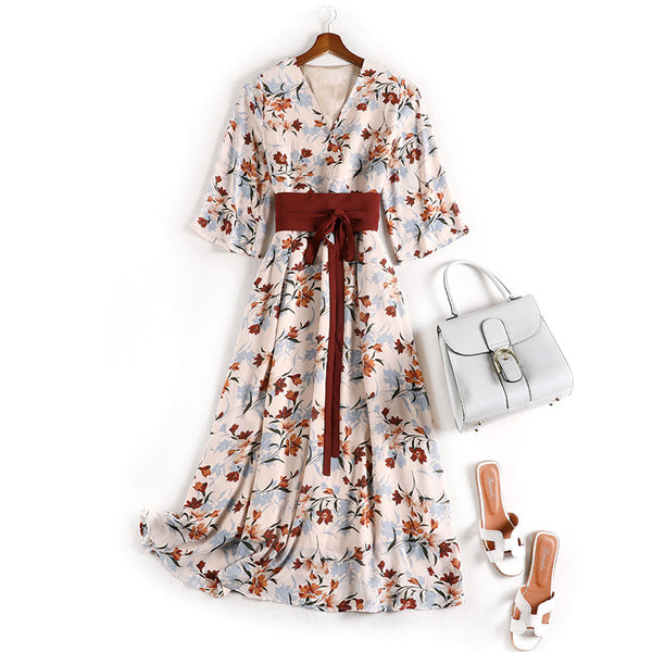 Floral Chiffon Belted Style Dress