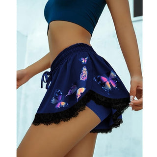 Buy blue Butterfly Print Lace Chiffon Shorts