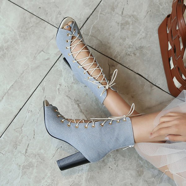 Women Denim Drawstring Open Toe Heeled Shoes