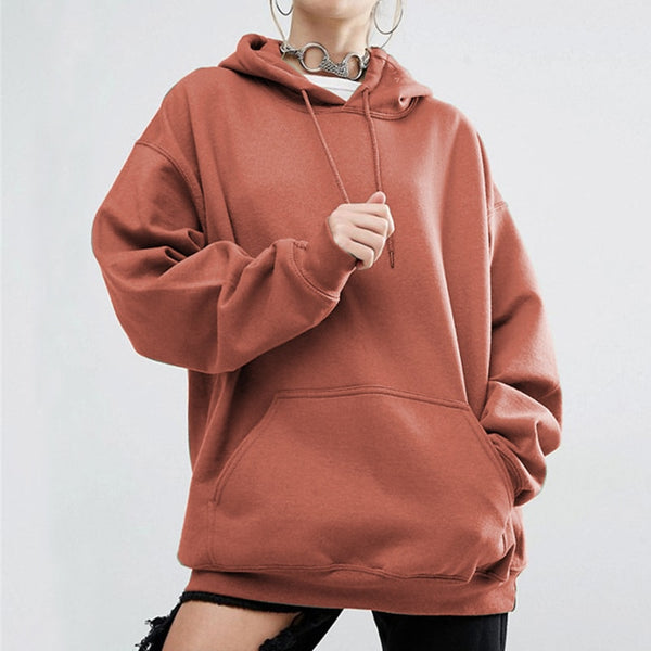 Loose Solid-Colored Drawstring Hoodie