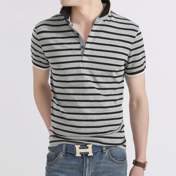 Men Casual Lapel Striped Polo T-shirt