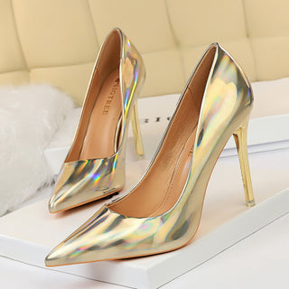 Buy gold Women Glossy Patent Leather Heels