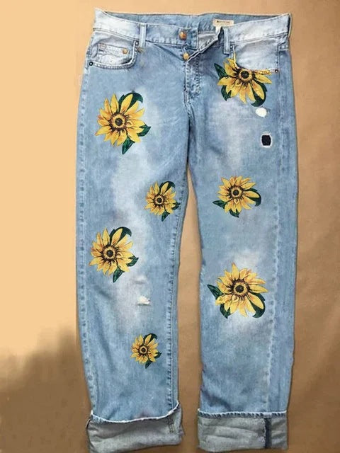 Printed Sunflower Wide-leg Denim Jeans