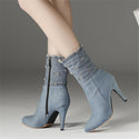 Women Shredded Denim Heeled Boots