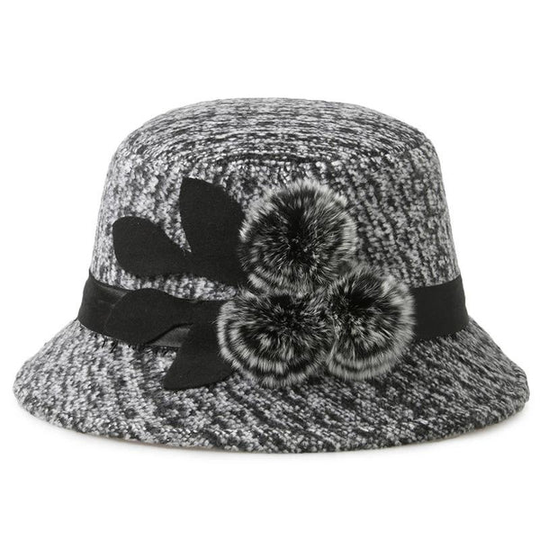 Woolen Pom Pom Flowered Ribbon Hat