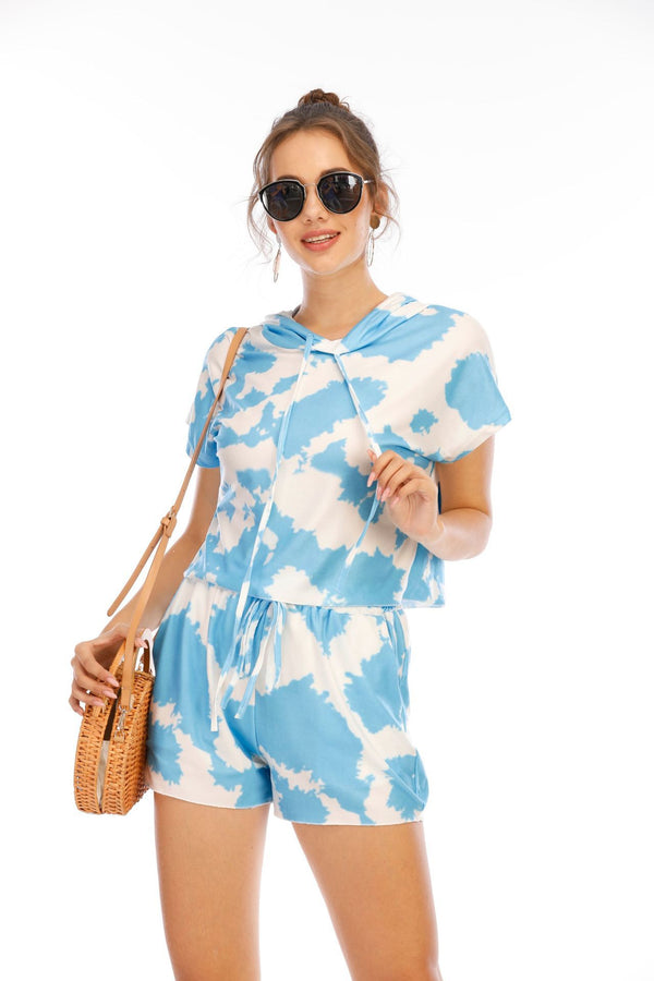 Tie-dye Short-sleeved Hooded Loungewear Suit