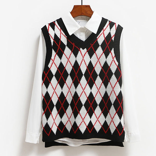 Women College Style Knitted Sweater Vest