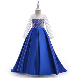 Buy color-blue Mesh Long Sleeve Trailing Girls&#39; Dress