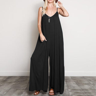 Buy black Summer V Neck Long Jumpsuits Casual Loose Rompers