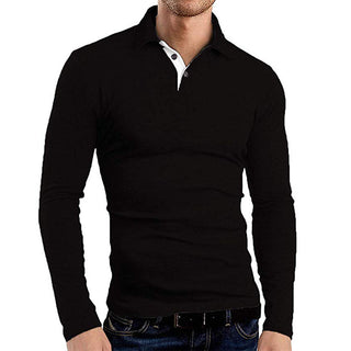 Buy black Men Long-sleeved Solid Color Lapel T-Shirt