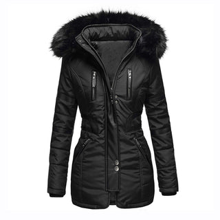 Buy black Women Contrasting Color Fur Collar Coat