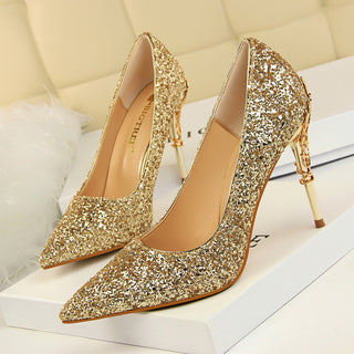 Buy gold Pointed Sequined High Textured Heels