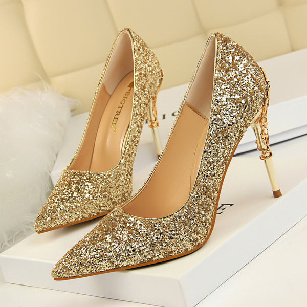 Pointed Sequined High Textured Heels