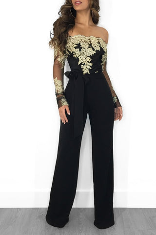 Buy black-gold Lace-neck wide-leg jumpsuit